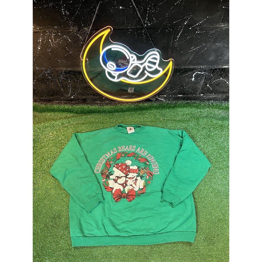 VTG Ross International Christmas Bears Are Ringing Green‎ Sweatshirt Made In USA